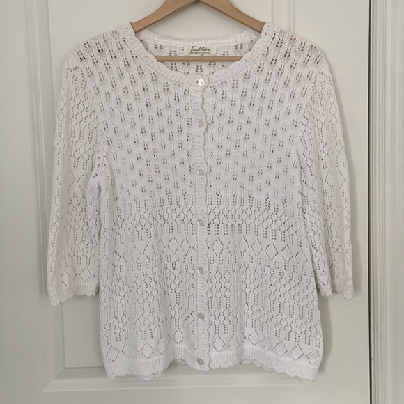 WHITE KNIT LACE CROCHET CARDIGAN 100% COTTON / TRADITION COUNTRY COLLECTION / L - Picture 1 of 9